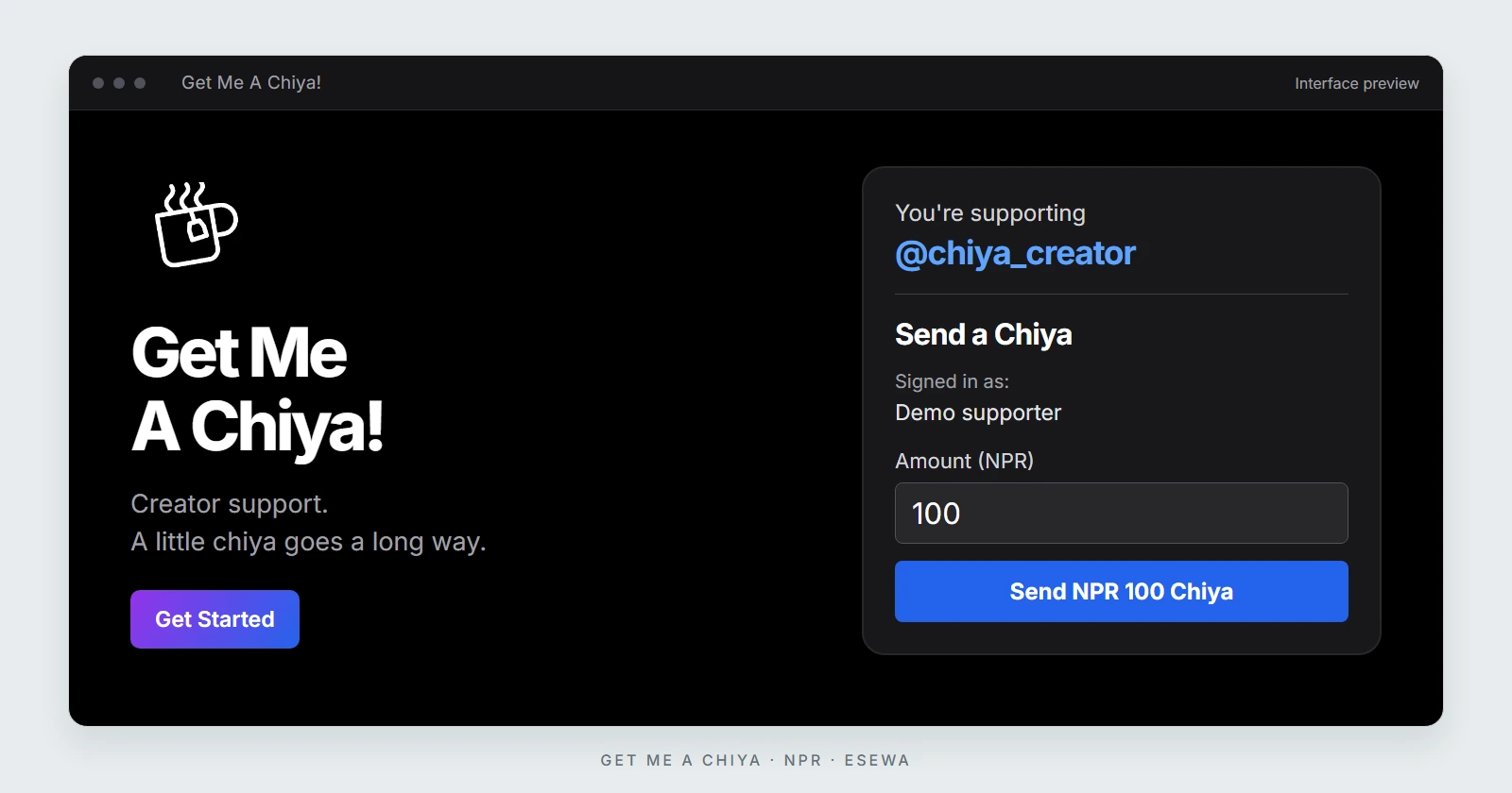 Get Me A Chiya creator support and payment preview